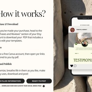 May include: A social media template for a digital marketing agency, featuring a testimonial quote. The template is displayed on a smartphone screen and has a gold and white design with a quote about the agency's services. The template is ready to be posted on social media.
