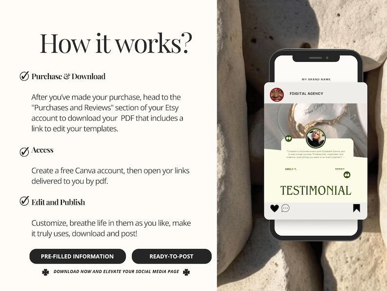 May include: A social media template for a digital marketing agency, featuring a testimonial quote. The template is displayed on a smartphone screen and has a gold and white design with a quote about the agency's services. The template is ready to be posted on social media.