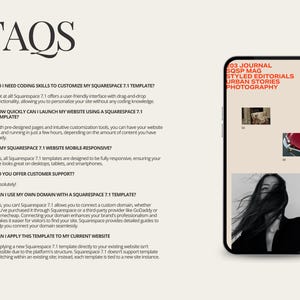 May include: A smartphone displays a website FAQ page with questions about Squarespace 7.1 templates. The phone screen shows text and images, including a magazine cover with the words "Journal, SQSP Mag, Styled Editorials, Urban Stories, Photography."