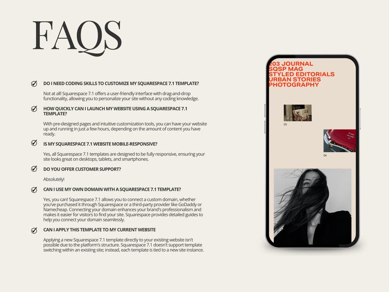 May include: A smartphone displays a website FAQ page with questions about Squarespace 7.1 templates. The phone screen shows text and images, including a magazine cover with the words "Journal, SQSP Mag, Styled Editorials, Urban Stories, Photography."