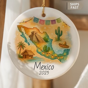 Mexico Map 2025 Christmas Ornament – Personalized Ceramic Keepsake – Custom Travel Gift – Free Gift Box Included