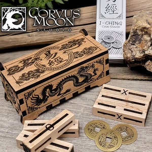 I Ching coin oracle set with 3 Chinese coins, decorative box & instructions, fortune telling, ancient Chinese divination I-Ching dragon