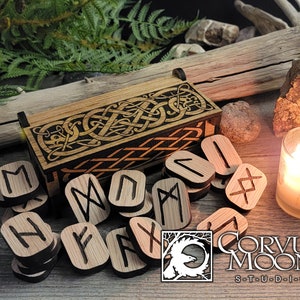 Oak Rune set in wooden box, Elder Futhark Fortune telling Divination Wiccan Norse Scandinavian Viking Witchcraft Pagan sustainable plywood image 1