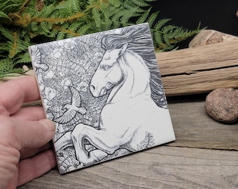 Horse print ceramic indelible white glazed art tile coaster trivet field tile Original Ruth Cutter Print all weather Andalusian 4.25 x 4.25"