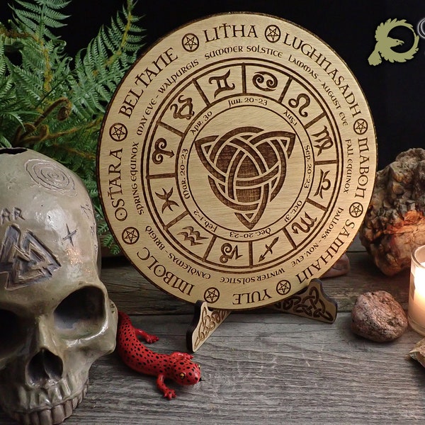Celtic Calendar with wooden stand Solstice Wheel of the year Pagan Witchcraft Wiccan Witch Engraved Triquetra Viking Norse Alter