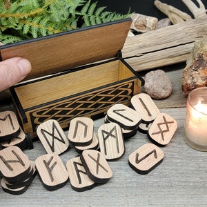 Oak Rune set in wooden box, Elder Futhark Fortune telling Divination Wiccan Norse Scandinavian Viking Witchcraft Pagan sustainable plywood image 6