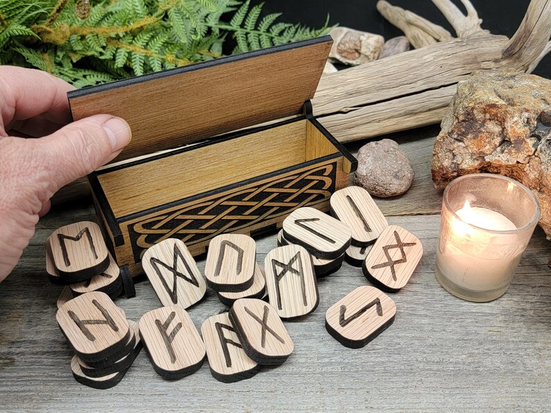 Oak Rune set in wooden box, Elder Futhark Fortune telling Divination Wiccan Norse Scandinavian Viking Witchcraft Pagan sustainable plywood image 6
