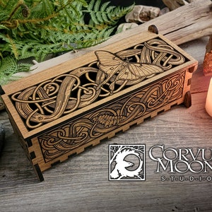 Luna Moth keepsake wooden box pencil potpourri jewelry Incense Celtic knot Pagan alter witchcraft wiccan snail Caterpillar Mother&#39;s Day