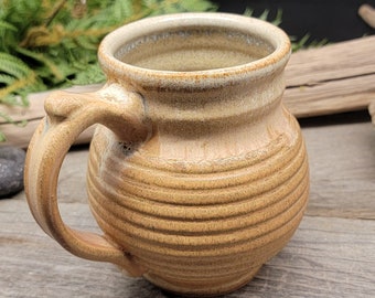 Coffee Cup Beer Mug Stein Tankard with ring texture and tan and cream glaze