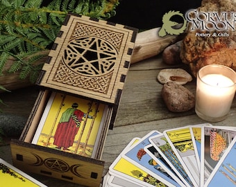 Tarot Card Engraved Wood Box  (INCLUDES Sm. RIDER DECK) Pentagram Celtic knot witchcraft triple moon fortune telling Wicca divination