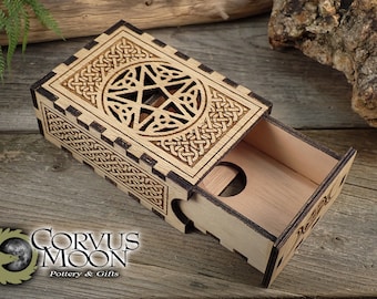 Tarot Card Box Engraved Wood Pentagram Celtic knot witchcraft fortune telling divination Wicca  (Fits Standard card deck 'RIDER')