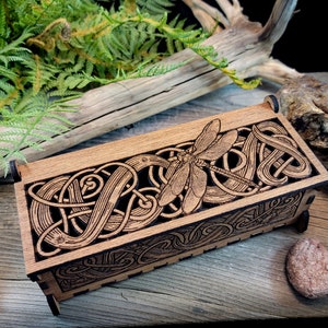 Dragonfly keepsake wooden box pencil potpourri jewelry Incense Celtic knot Pagan alter ritual witchcraft Wiccan snails crayfish Mother's Day image 1