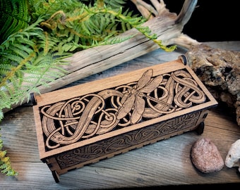 Dragonfly keepsake wooden box pencil potpourri jewelry Incense Celtic knot Pagan alter ritual witchcraft Wiccan snails crayfish Mother's Day