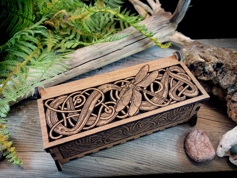 Dragonfly keepsake wooden box pencil potpourri jewelry Incense Celtic knot Pagan alter ritual witchcraft Wiccan snails crayfish Mother's Day image 1