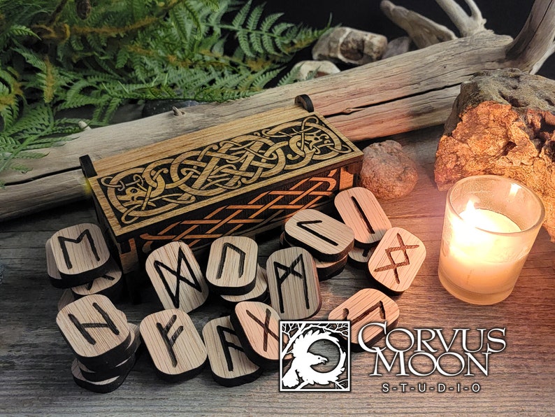 Oak Rune set in wooden box, Elder Futhark Fortune telling Divination Wiccan Norse Scandinavian Viking Witchcraft Pagan sustainable plywood image 1