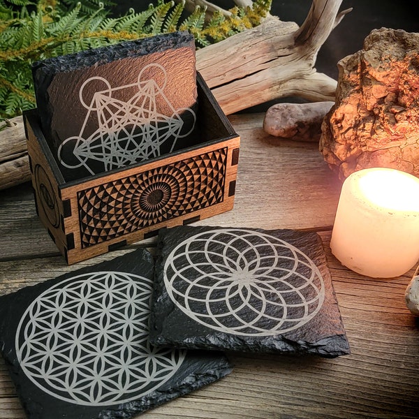 Sacred Geometry slate stone Coaster Set with Wooden Holder Box Tiles geometric Coffee Drinking Laser coasters Vesica Piscis Metatron's Cube