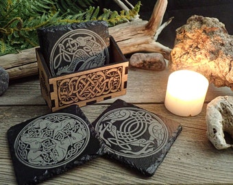 Celtic slate stone Coaster Set with Wooden Holder Box Tiles Scandinavian  Druidism Druidry Pictish Viking Norse Coffee Drinking Laser