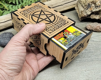 Pentagram Card Box Engraved Wood  (Cards NOT included) Celtic knot Witchcraft triple moon fortune telling Wicca divination