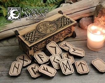 Oak Rune set in wooden box, Elder Futhark Fortune telling Divination Wiccan Norse Scandinavian Viking Witchcraft Pagan sustainable plywood .