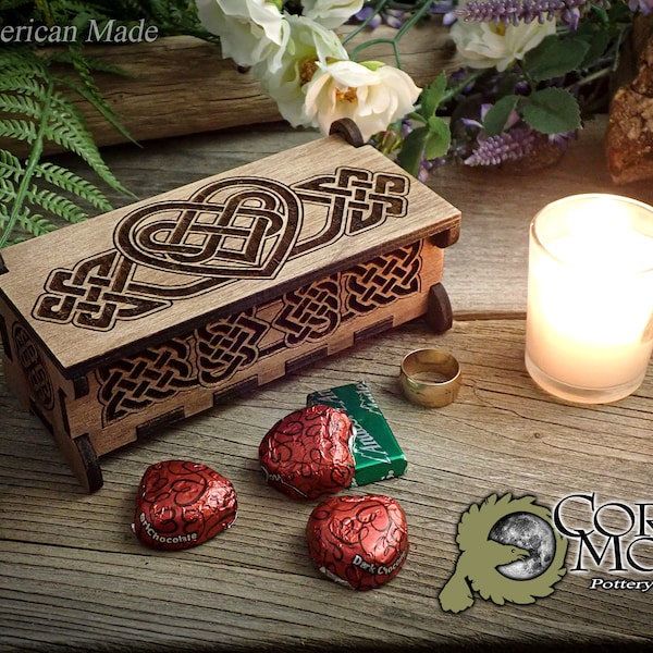 Wooden heart keepsake gift box Anniversary Wedding Valentine's day Mother's day Celtic Knot jewelry rings chocolate  2 lines of custom text