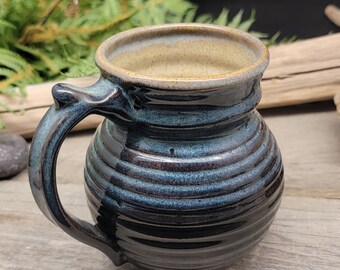 Coffee Cup Beer Mug Stein Tankard with ring texture and black and floating blue glaze