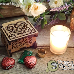 Valentine's day wooden keepsake gift box Anniversary Wedding Celtic Knot Heart jewelry rings chocolate valentine