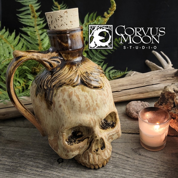 Ceramic drinking Skull beer stein mug coffee cup Pagan Pirate Viking Witchcraft Demon Halloween Day of the Dead Cosplay with carved hair
