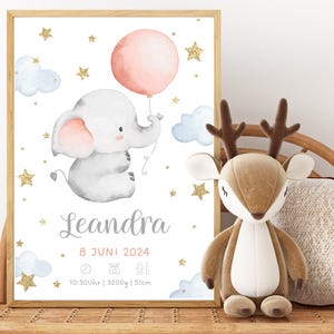 Geburtsposter mit einem süßen Elefant | Geburtsposter Baby | personalisiert mit Geburtsdaten | Geschenk zur Geburt | Digitale Druckdatei