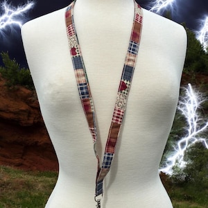 Patchwork Fabric Lanyard: Cotton ID Holder, Teacher Key Strap (Made in USA)