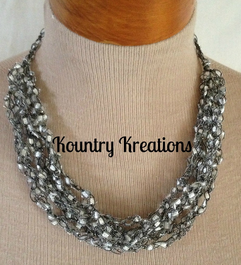 Ladder Yarn Necklace, Silver Crocheted Ribbon Necklace, Fiber Jewelry/MOONBEAM Ladder Necklace Ready to Ship image 1