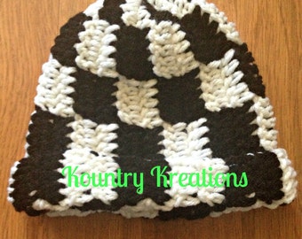 Crochet Adult Hat/Black and White Hat/Hat Boy Hat/Adult Hat/ Girl Hat/CHECKERED FLAG/Racing Hat/Nascar (Ready to Ship)