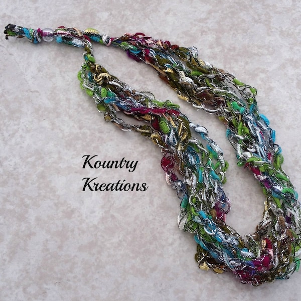 Ladder Yarn Necklace, Teal, Lime Green, Silver, and Maroon Crocheted Ribbon Necklace, Fiber Jewelry (Ready to Ship)