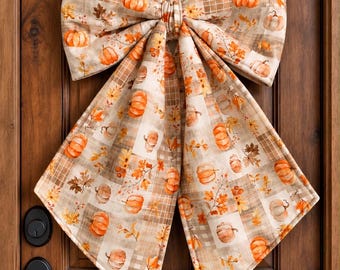 Fall Pumpkin Door Bow | Oversized Autumn Door Decor | Farmhouse Pumpkin Bow | Thanksgiving Front Door Decoration | Handmade Fall Bow
