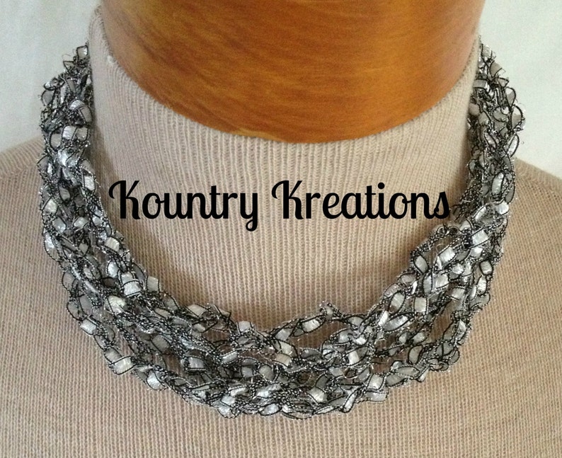 Ladder Yarn Necklace, Silver Crocheted Ribbon Necklace, Fiber Jewelry/MOONBEAM Ladder Necklace Ready to Ship image 2