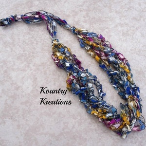 Crocheted Ladder Yarn Necklace: Blue, Mauve, Pink & Silver Fiber Jewelry