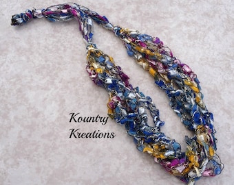 Ladder Yarn Necklace, Blue, Mauve, Pink, Gold and Silver Ribbon Necklace, Crocheted Ribbon Necklace, Fiber Jewelry (Ready to Ship)