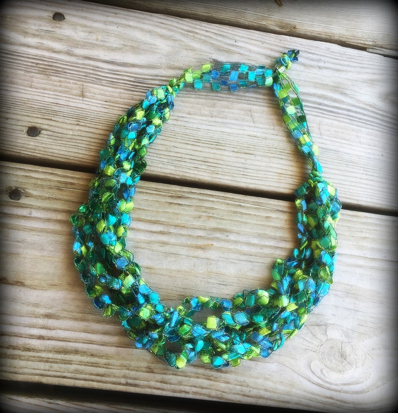 Seascape Ladder Yarn Necklace/Jewelry/Crocheted Ribbon Necklace/Necklace/Fiber Jewelry/Jewelry/Ladder Necklace/Boho/Crochet/Crochet Jewelry image 7