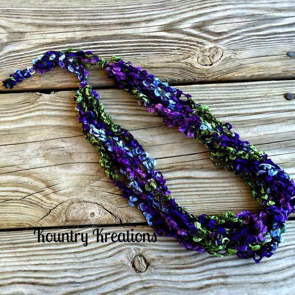 Bacchus Ladder Yarn Necklace/Jewelry/Crocheted Ribbon Necklace/Necklace/Fiber Jewelry/Lilac,Purple,and Green Ladder Necklace (Ready to Ship)
