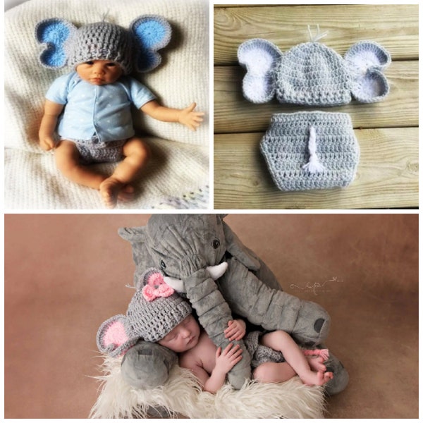 Elephant baby set/Newborn Elephant Set/Baby Girl Gift/Baby shower gift/Ready to ship/Diaper Cover/Crochet hat/Hat and Diaper Cover/