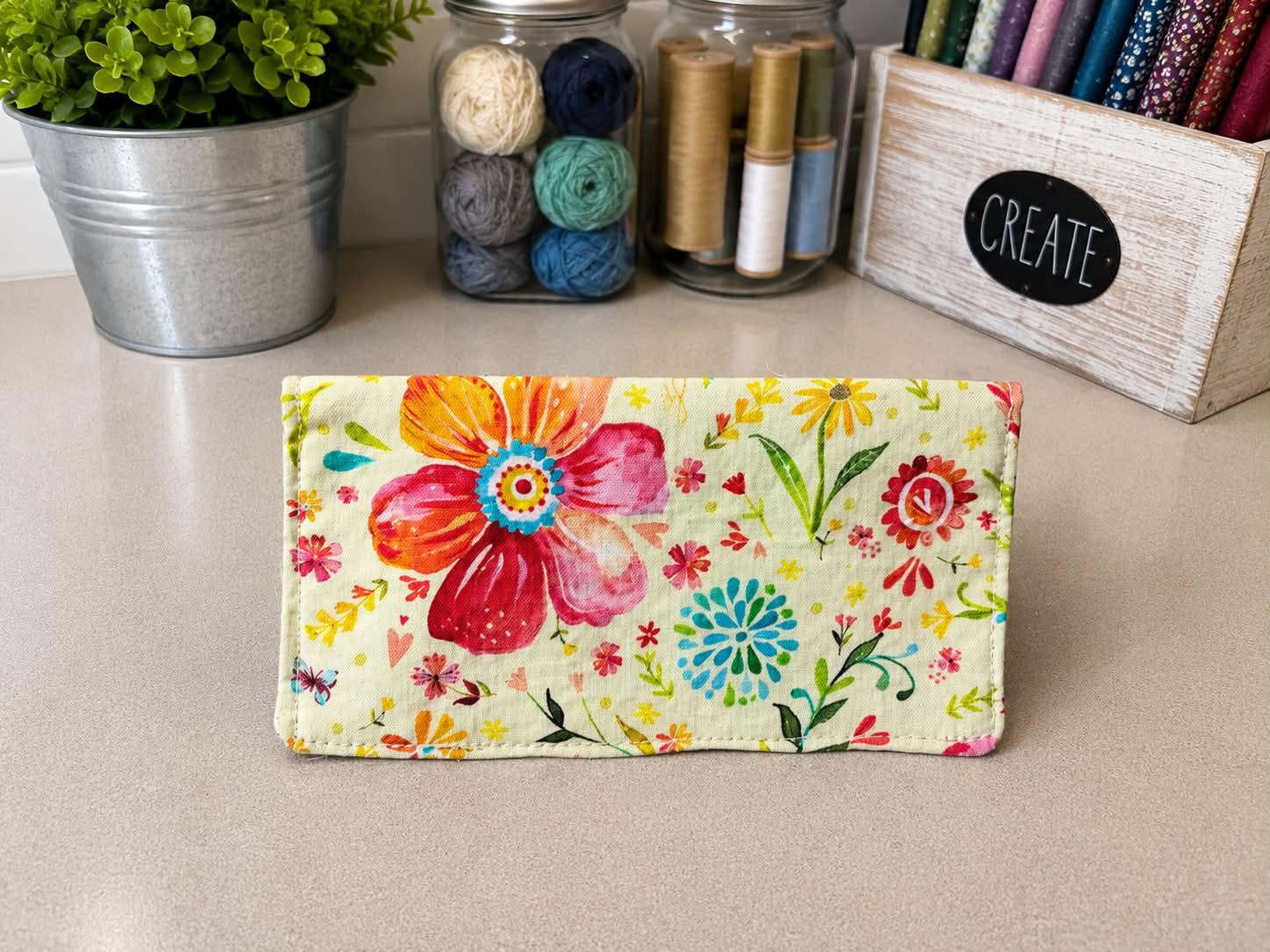 Handmade Vibrant Flower Checkbook Cover – Fabric Checkbook Holder –…