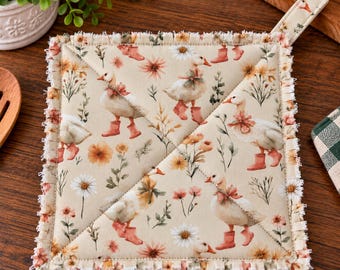 Handmade Raggy Potholder – Goose in Pink Boots – Quilted Hot Pad – Farmhouse Kitchen Decor – Duck Lover Gift – Rustic Kitchen Gift
