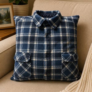 May include: A square throw pillow designed to resemble a button-down flannel shirt. The pillow features a navy blue and white plaid pattern, a classic shirt collar, a central button placket with dark buttons, and two front chest pockets with flaps.