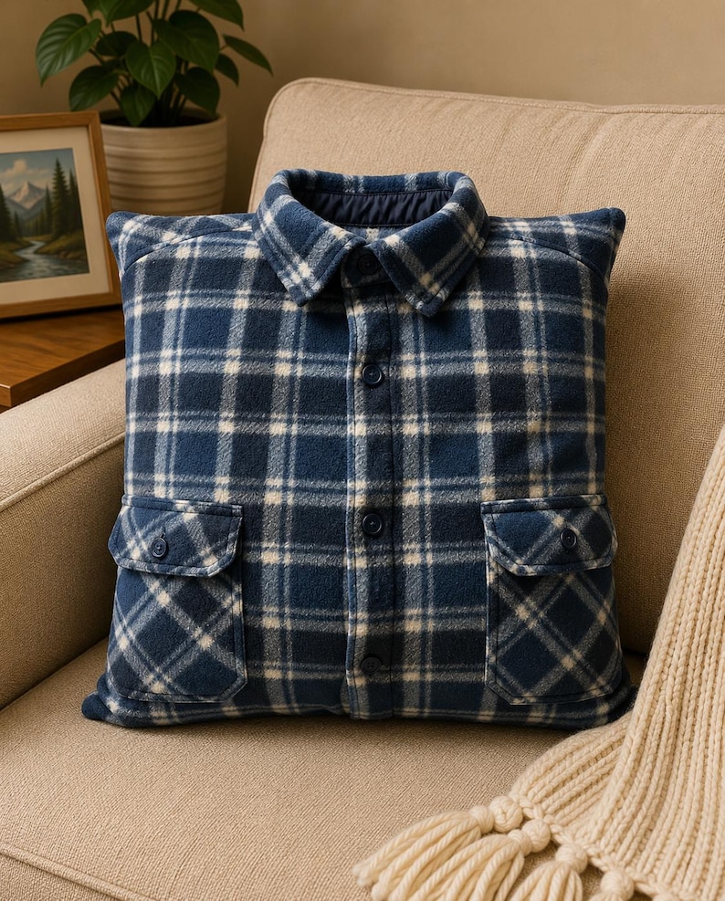 May include: A square throw pillow designed to resemble a button-down flannel shirt. The pillow features a navy blue and white plaid pattern, a classic shirt collar, a central button placket with dark buttons, and two front chest pockets with flaps.