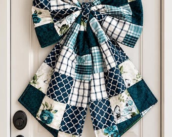 Patchwork Door Bow | Teal Floral Front Door Decor | Handmade Quilted Bow | Farmhouse Door Hanger | Large Fabric Bow | One of a Kind