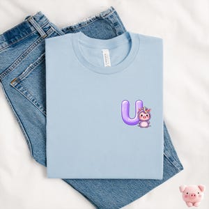 Camiseta de unicórnio com letra U, camiseta de unicórnio, camiseta de unicórnio, camiseta de amante de unicórnio, camiseta de porco, presente para amante de animais, presente de animal de unicórnio de porco