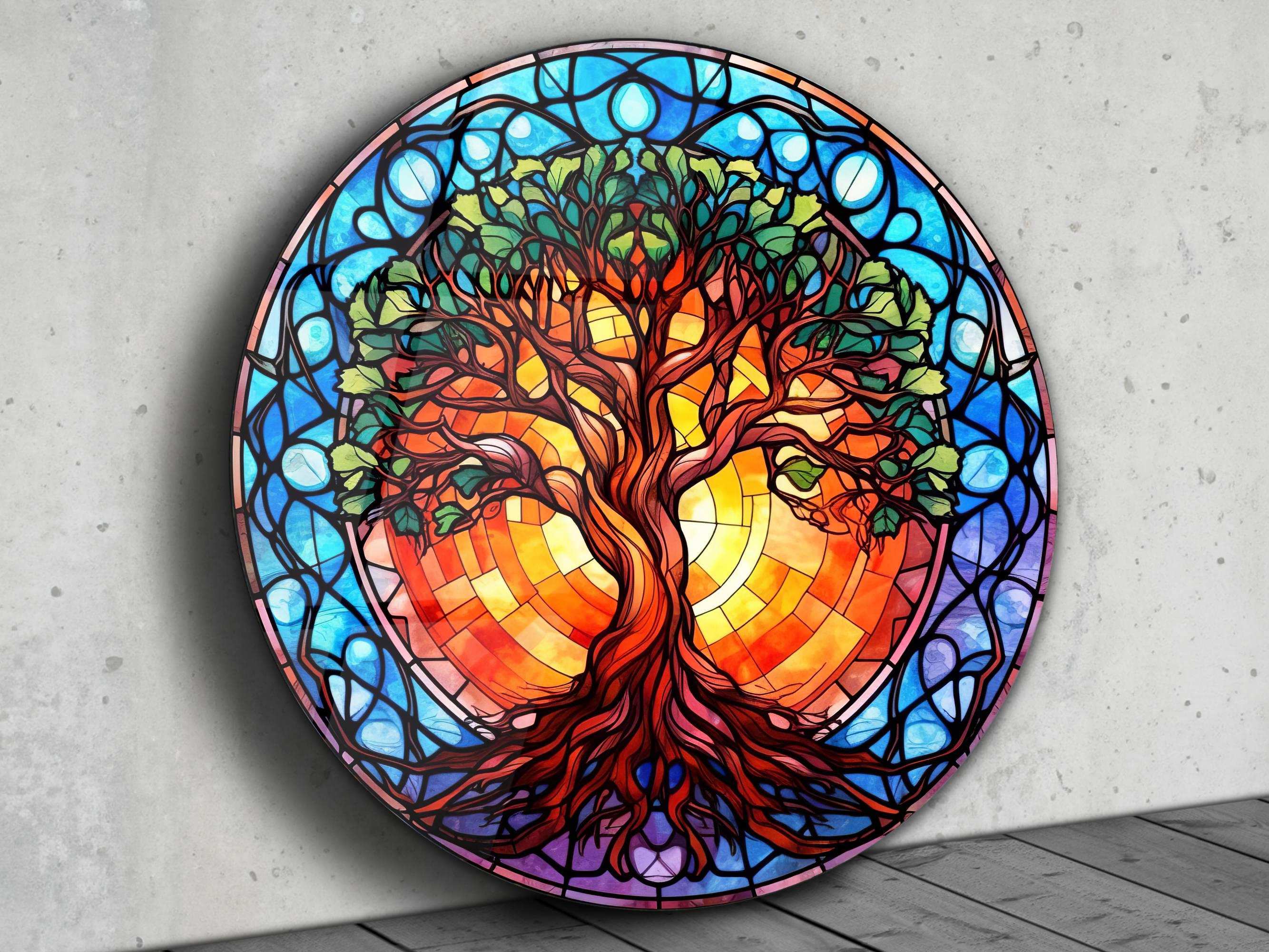 Stained Glass Pattern Tree of Life Art Design, Stain Glass Window Hanging Panel Gift, New Home Gift, Tree Wall Art Decor Round Wall Painting