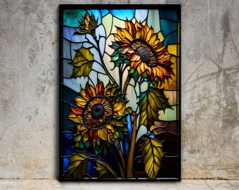 Sunflower Stained Glass Pattern Window Wall Hangings Panel, Stained Glass Flower Art Work, Wall Painting Printable Art Deco, New Home Gift