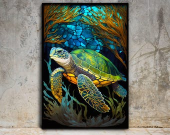 Stained Glass Pattern Sea Turtle, Stain Glass Window Panel Gift, Home Office Glass Printing Wall Art, New Home Gifts Modern Large Wall Decor