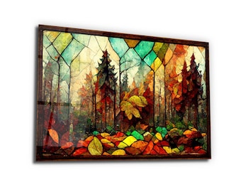 Stained Glass Autumn Tree of Life Art Work, Home&Office Watercolor Wall Art Prints, Abstract Forest Wall Decor Panels Large, New Home Gift