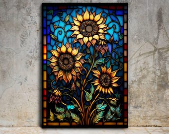 Sunflower Stained Glass Painting Art Decor Gift,  Flower Stained Glass Window Hangings Panel, New Home Gift, Modern Wall Art Design Prints